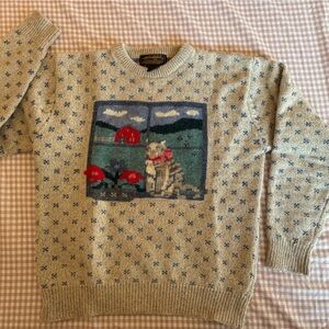 Eddie Bauer 1989 Beige Wool Sweater with Cat Florals and Blue Pattern